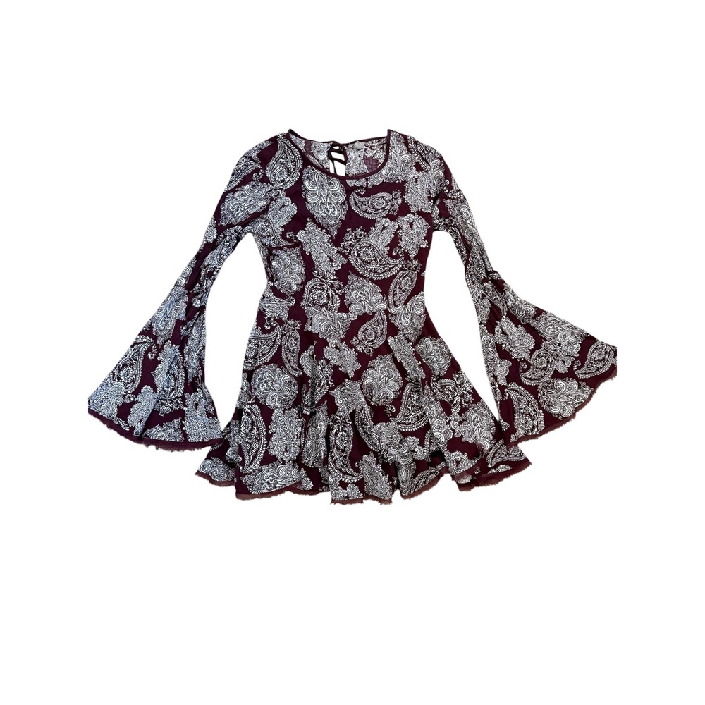 Ecote Burgundy Paisley Bell Sleeve Mini Dress Size 2 Boho Open Back Tie - Picture 3 of 7